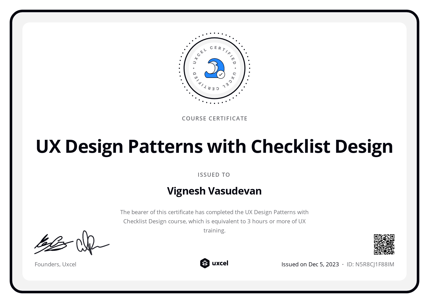 Vignesh Vasudevan's certificate